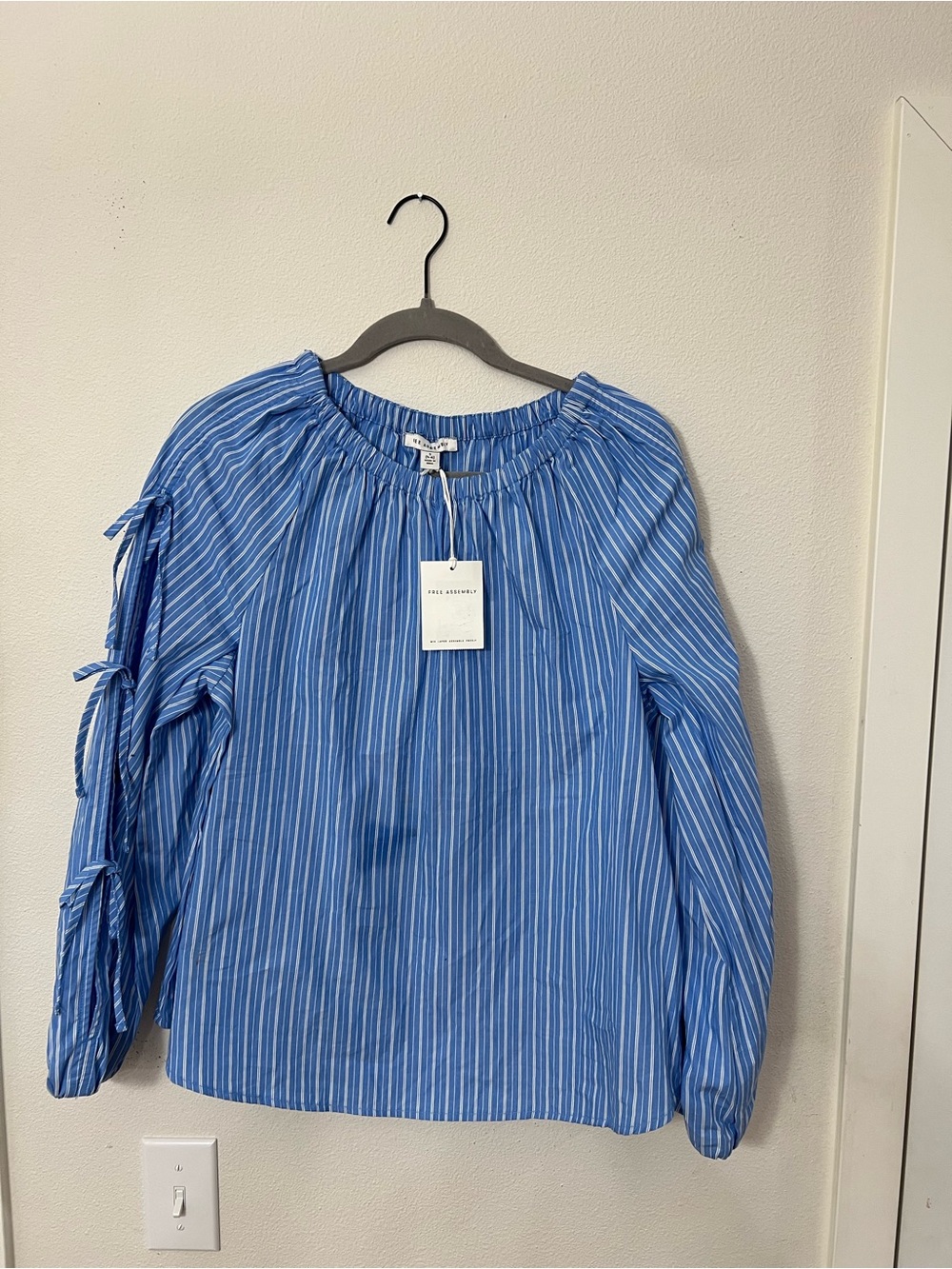 Blue Striped Off-Shoulder Tie-Sleeve Women's Top